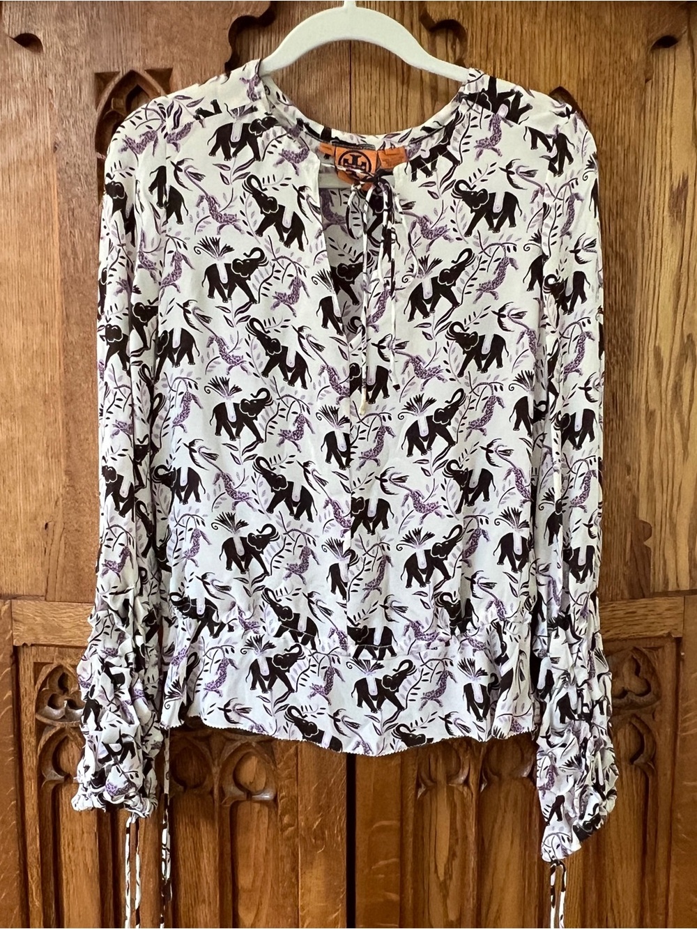 Tory Burch White Blouse with Purple Elephant Print